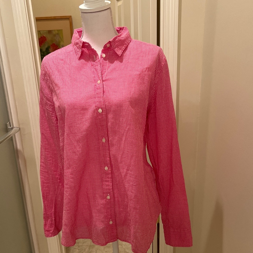 J. Crew Classic Pink and White Gingham Button Down Shirt Size 14